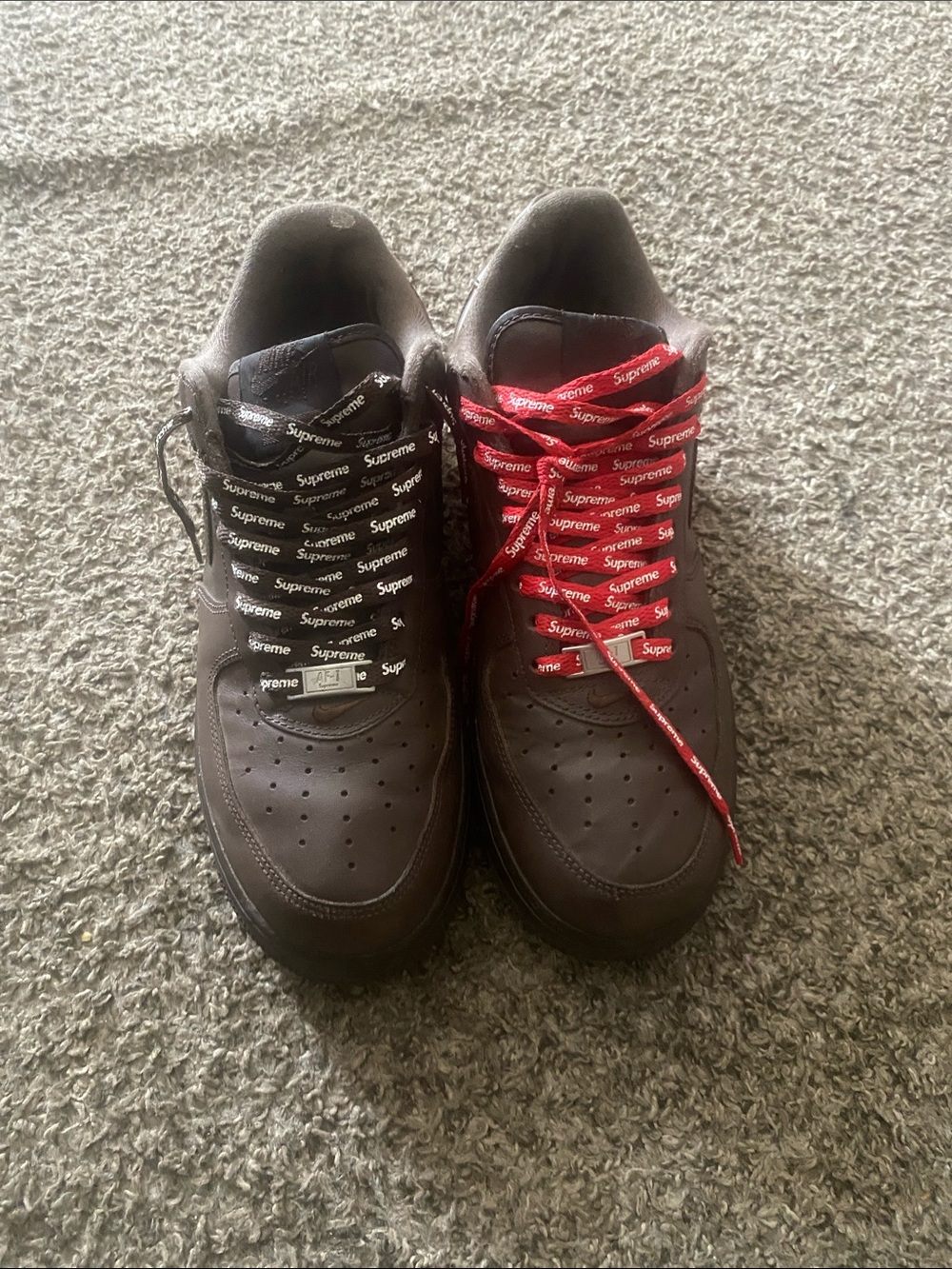 Supreme Brown Men’s Sneakers with Black & Red Logo Laces